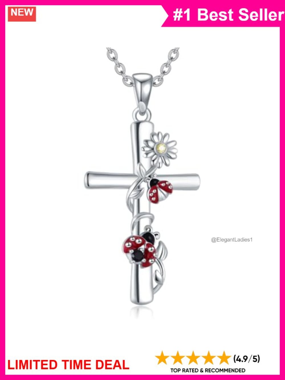 925 Sterling Silver Ladybug Cross Necklace Christian Jewelry Gift for Women
